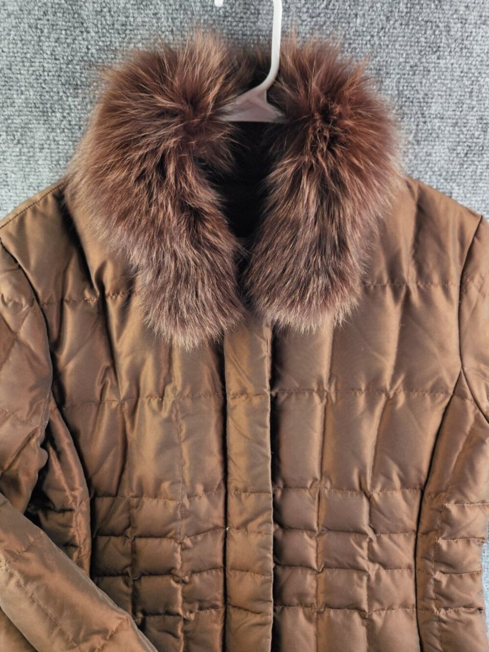 1 Madison Women Large Brown Long Sleeve Down Feather Puffer Jacket Fox Fur Trim